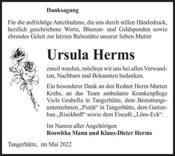 Traueranzeige von Ursula Herms  von Magdeburger Volksstimme