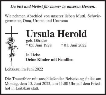 Traueranzeige von Ursula Herold (geb. Göricke)  von Magdeburger Volksstimme