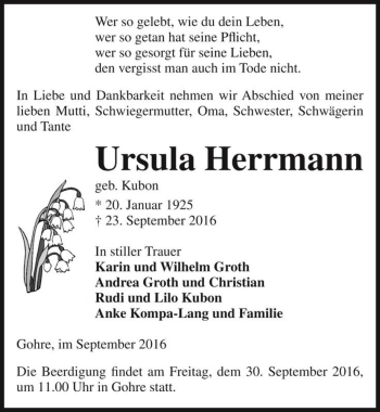 Traueranzeige von Ursula Herrmann (geb. Kubon)  von Magdeburger Volksstimme