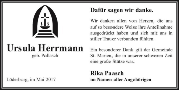 Traueranzeige von Ursula Herrmann (geb. Pallasch)  von Magdeburger Volksstimme