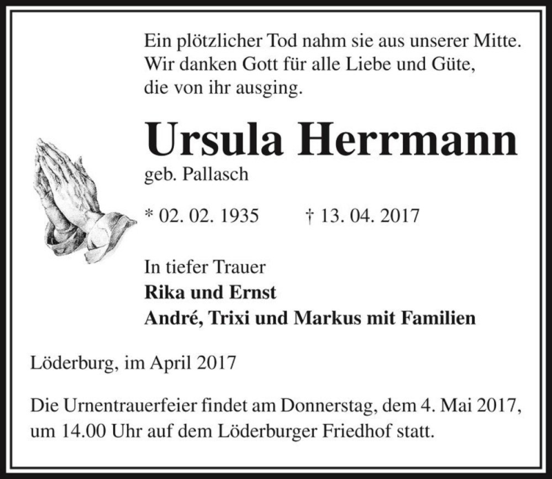  Traueranzeige für Ursula Herrmann (geb. Pallasch)  vom 22.04.2017 aus Magdeburger Volksstimme