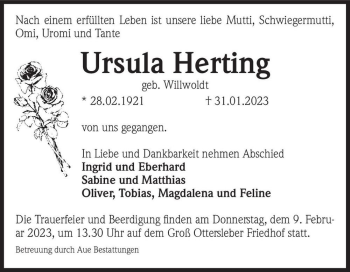 Traueranzeige von Ursula Herting (geb. Willwoldt)  von Magdeburger Volksstimme