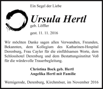 Traueranzeige von Ursula Hertl (geb. Löffler)  von Magdeburger Volksstimme