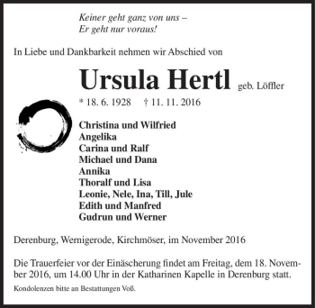 Traueranzeige von Ursula Hertl (geb. Löffler)  von Magdeburger Volksstimme