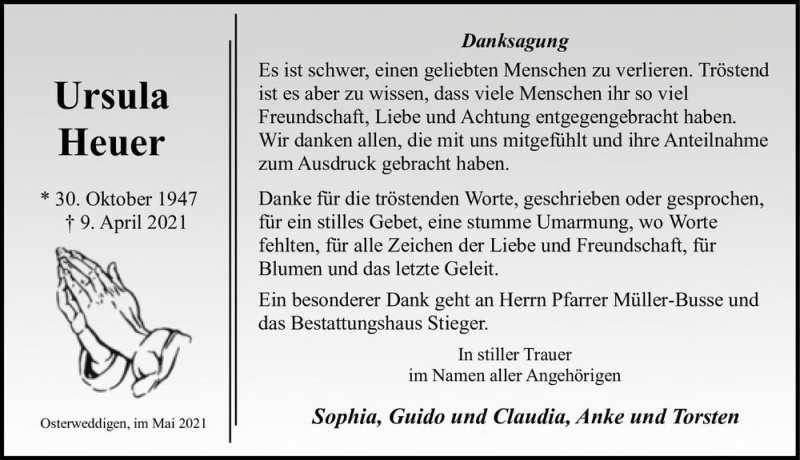  Traueranzeige für Ursula Heuer  vom 08.05.2021 aus Magdeburger Volksstimme