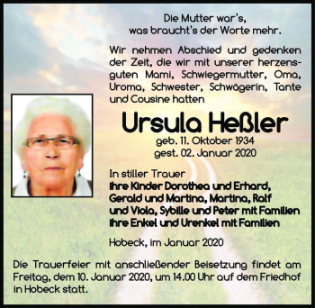 Traueranzeige von Ursula Heßler  von Magdeburger Volksstimme