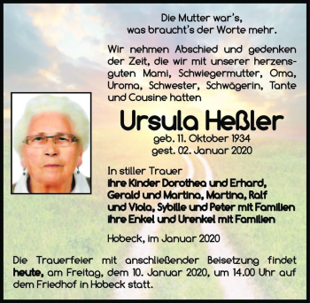 Traueranzeige von Ursula Heßler  von Magdeburger Volksstimme