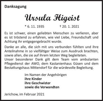 Traueranzeige von Ursula Higeist  von Magdeburger Volksstimme