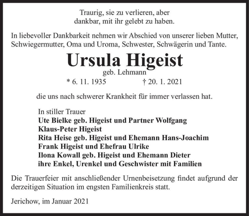  Traueranzeige für Ursula Higeist (geb. Lehmann)  vom 23.01.2021 aus Magdeburger Volksstimme