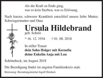 Traueranzeige von Ursula Hildebrand (geb. Schulz)  von Magdeburger Volksstimme