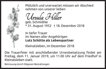 Traueranzeige von Ursula Hiller (geb. Schmidtke)  von Magdeburger Volksstimme