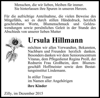 Traueranzeige von Ursula Hillmann  von Magdeburger Volksstimme
