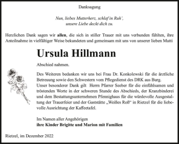 Traueranzeige von Ursula Hillmann  von Magdeburger Volksstimme
