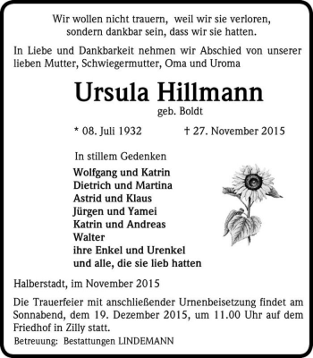 Traueranzeige von Ursula Hillmann (geb. Boldt)  von Magdeburger Volksstimme
