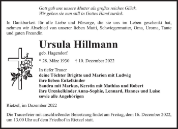 Traueranzeige von Ursula Hillmann (geb. Hagendorf)  von Magdeburger Volksstimme