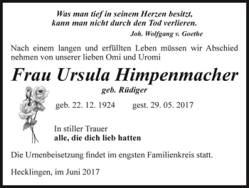 Traueranzeige von Ursula Himpenmacher (geb. Rüdiger)  von Magdeburger Volksstimme