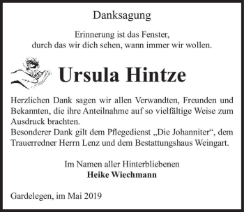 Traueranzeige von Ursula Hintze  von Magdeburger Volksstimme