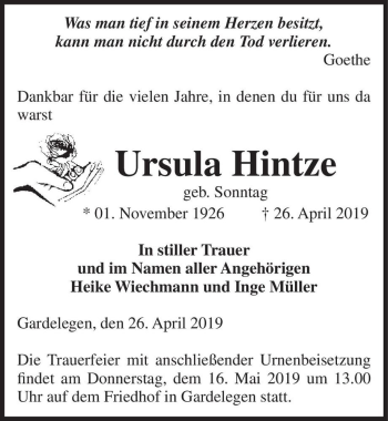 Traueranzeige von Ursula Hintze (geb. Sonntag)  von Magdeburger Volksstimme