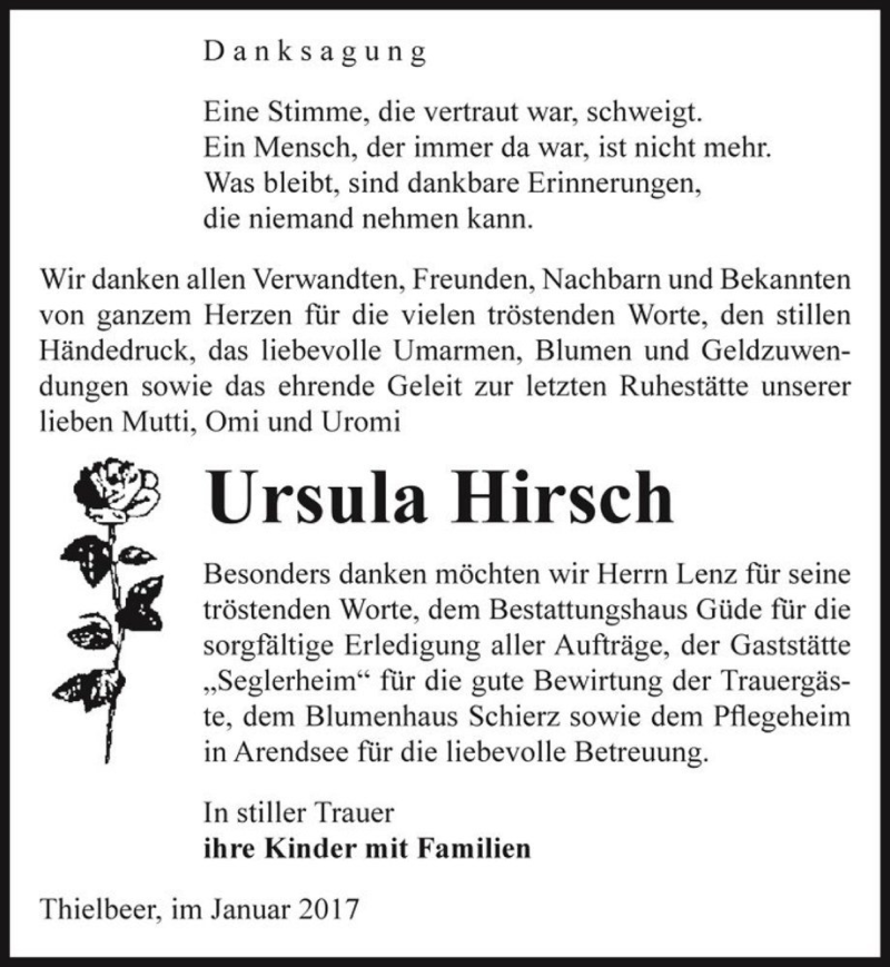  Traueranzeige für Ursula Hirsch  vom 01.02.2017 aus Magdeburger Volksstimme