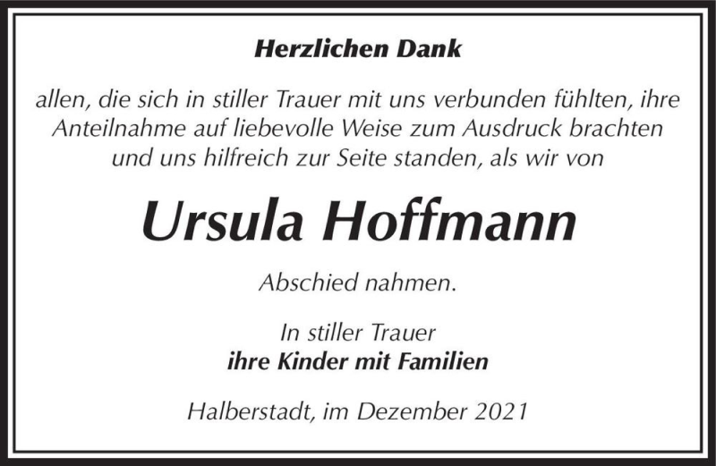  Traueranzeige für Ursula Hoffmann  vom 08.01.2022 aus Magdeburger Volksstimme