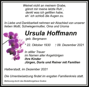 Traueranzeige von Ursula Hoffmann (geb. Bergmann)  von Magdeburger Volksstimme