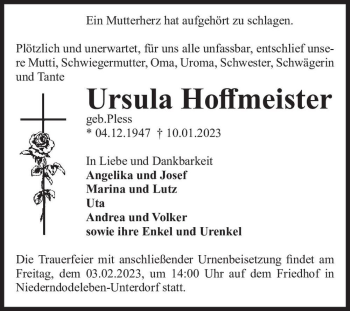 Traueranzeige von Ursula Hoffmeister (geb. Pless)  von Magdeburger Volksstimme