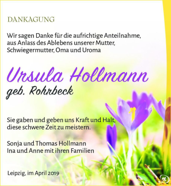 Traueranzeige von Ursula Hollmann (geb. Rohrbeck)  von Magdeburger Volksstimme