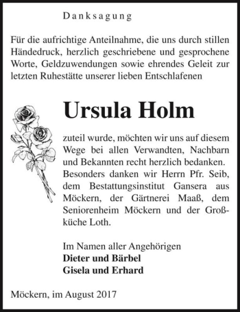 Traueranzeige von Ursula Holm  von Magdeburger Volksstimme