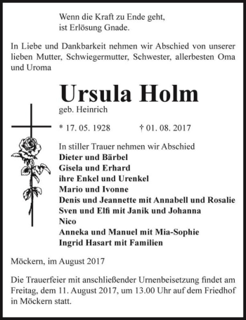 Traueranzeige von Ursula Holm (geb. Heinrich)  von Magdeburger Volksstimme
