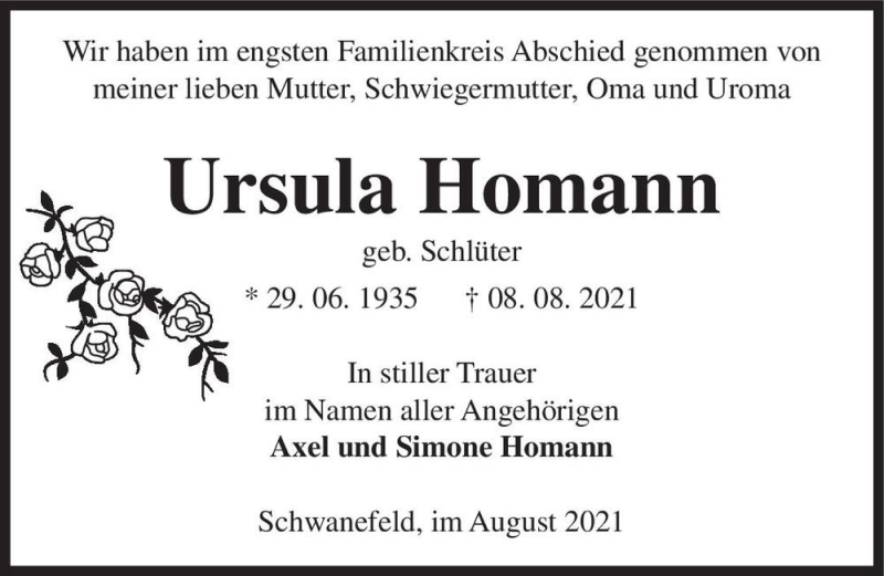  Traueranzeige für Ursula Homann (geb. Schlüter)  vom 27.08.2021 aus Magdeburger Volksstimme