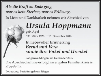 Traueranzeige von Ursula Hoppmann (geb. Apel)  von Magdeburger Volksstimme