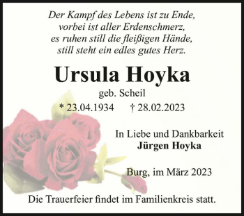 Traueranzeige von Ursula Hoyka (geb. Scheil)  von Magdeburger Volksstimme
