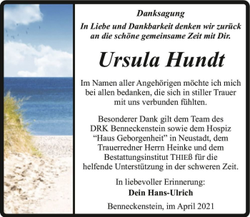 Traueranzeige von Ursula Hundt  von Magdeburger Volksstimme