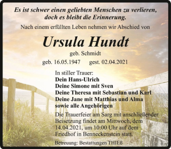 Traueranzeige von Ursula Hundt (geb. Schmidt)  von Magdeburger Volksstimme