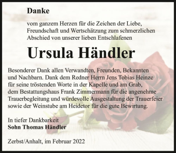 Traueranzeige von Ursula Händler  von Magdeburger Volksstimme