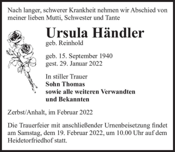 Traueranzeige von Ursula Händler (geb. Reinhold)  von Magdeburger Volksstimme