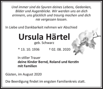 Traueranzeige von Ursula Härtel (geb. Schwarz)  von Magdeburger Volksstimme