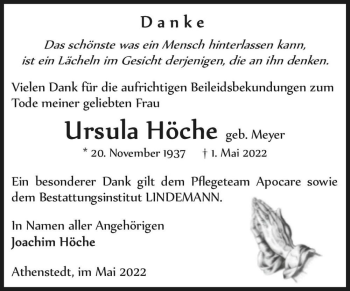 Traueranzeige von Ursula Höche (geb. Meyer)  von Magdeburger Volksstimme