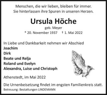 Traueranzeige von Ursula Höche (geb. Meyer)  von Magdeburger Volksstimme
