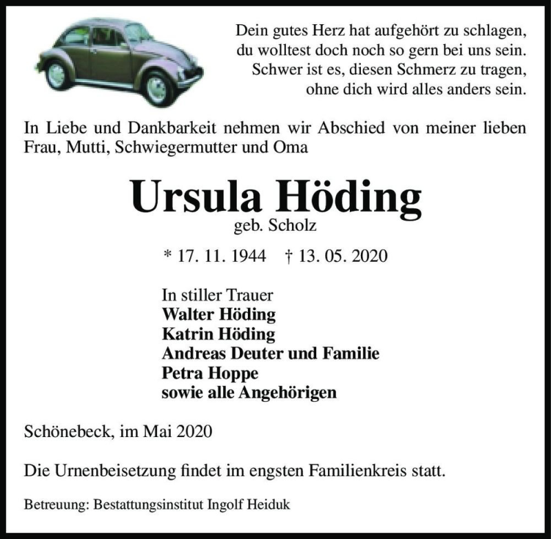  Traueranzeige für Ursula Höding (geb. Scholz)  vom 16.05.2020 aus Magdeburger Volksstimme