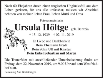 Traueranzeige von Ursula Höltge (geb. Bentzin)  von Magdeburger Volksstimme