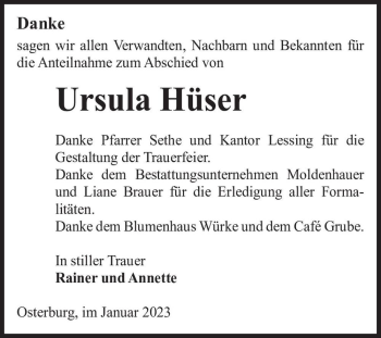 Traueranzeige von Ursula Hüser  von Magdeburger Volksstimme