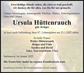 Traueranzeige von Ursula Hüttenrauch (geb. Krüger)  von Magdeburger Volksstimme