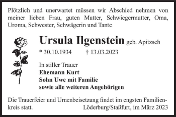 Traueranzeige von Ursula Ilgenstein (geb. Apitzsch)  von Magdeburger Volksstimme