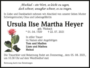 Traueranzeige von Ursula Ilse Martha Heyer (geb. Wadsack)  von Magdeburger Volksstimme