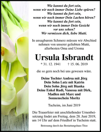 Traueranzeige von Ursula Isbrandt  von Magdeburger Volksstimme