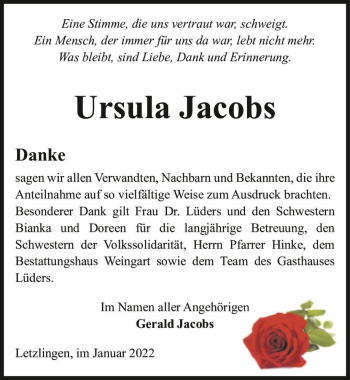 Traueranzeige von Ursula Jacobs  von Magdeburger Volksstimme