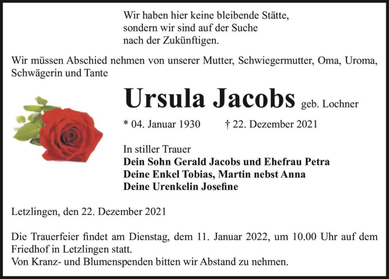  Traueranzeige für Ursula Jacobs (geb. Lochner)  vom 30.12.2021 aus Magdeburger Volksstimme