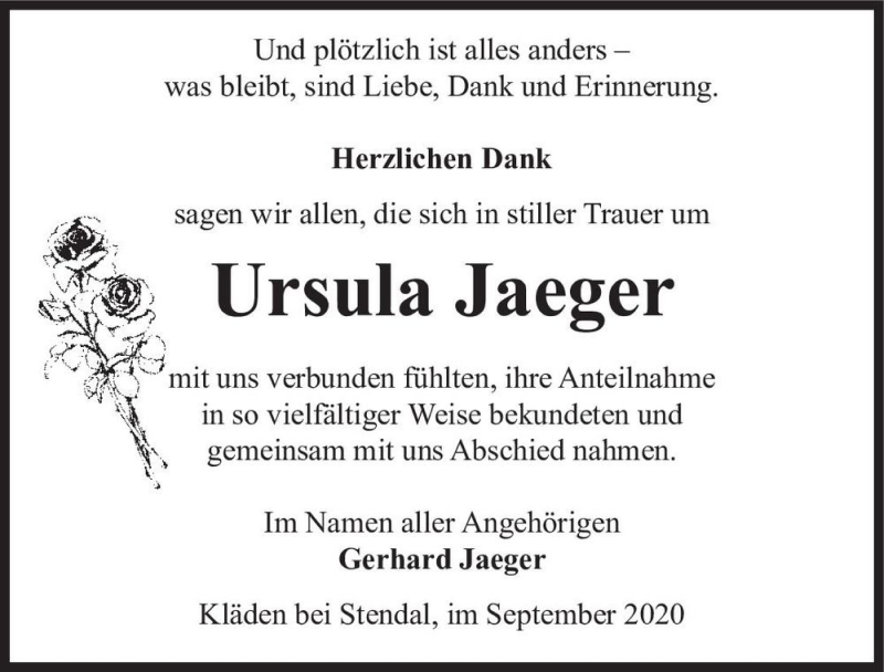  Traueranzeige für Ursula Jaeger  vom 16.09.2020 aus Magdeburger Volksstimme