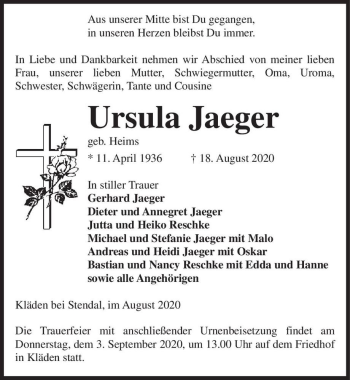 Traueranzeige von Ursula Jaeger (geb. Heims)  von Magdeburger Volksstimme
